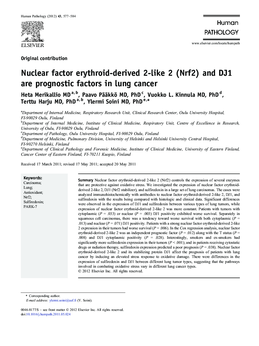 Nuclear factor erythroid-derived 2-like 2 (Nrf2) and DJ1 are prognostic factors in lung cancer