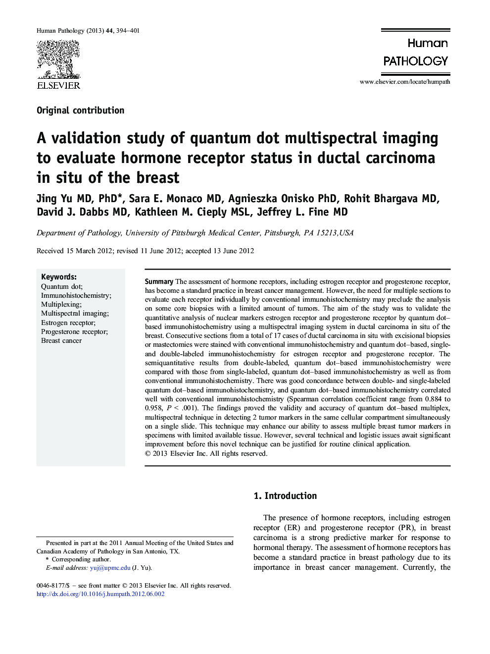 A validation study of quantum dot multispectral imaging to evaluate hormone receptor status in ductal carcinoma in situ of the breast 