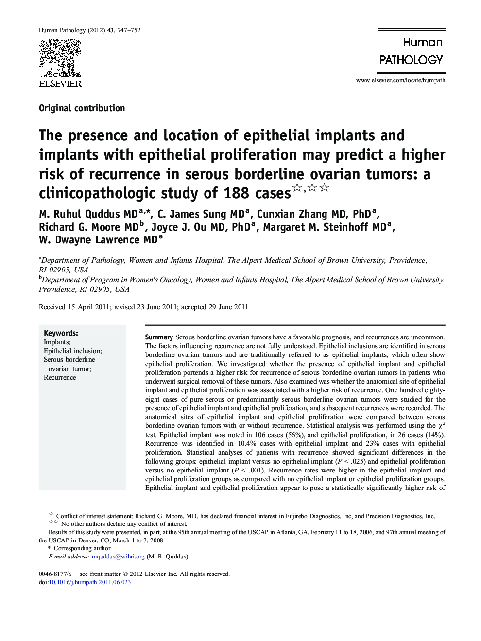 The presence and location of epithelial implants and implants with epithelial proliferation may predict a higher risk of recurrence in serous borderline ovarian tumors: a clinicopathologic study of 188 cases 