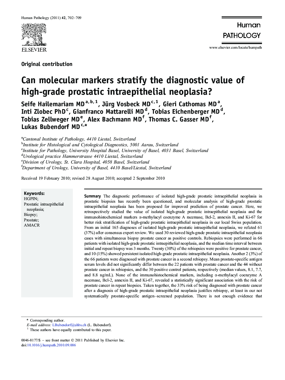 Can molecular markers stratify the diagnostic value of high-grade prostatic intraepithelial neoplasia?