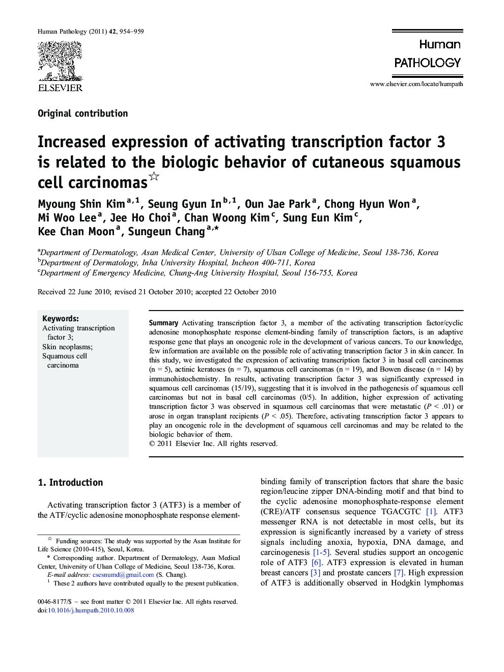 Increased expression of activating transcription factor 3 is related to the biologic behavior of cutaneous squamous cell carcinomas 