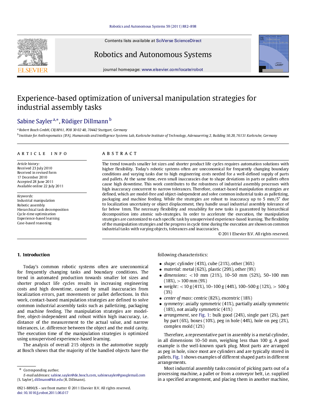 Experience-based optimization of universal manipulation strategies for industrial assembly tasks