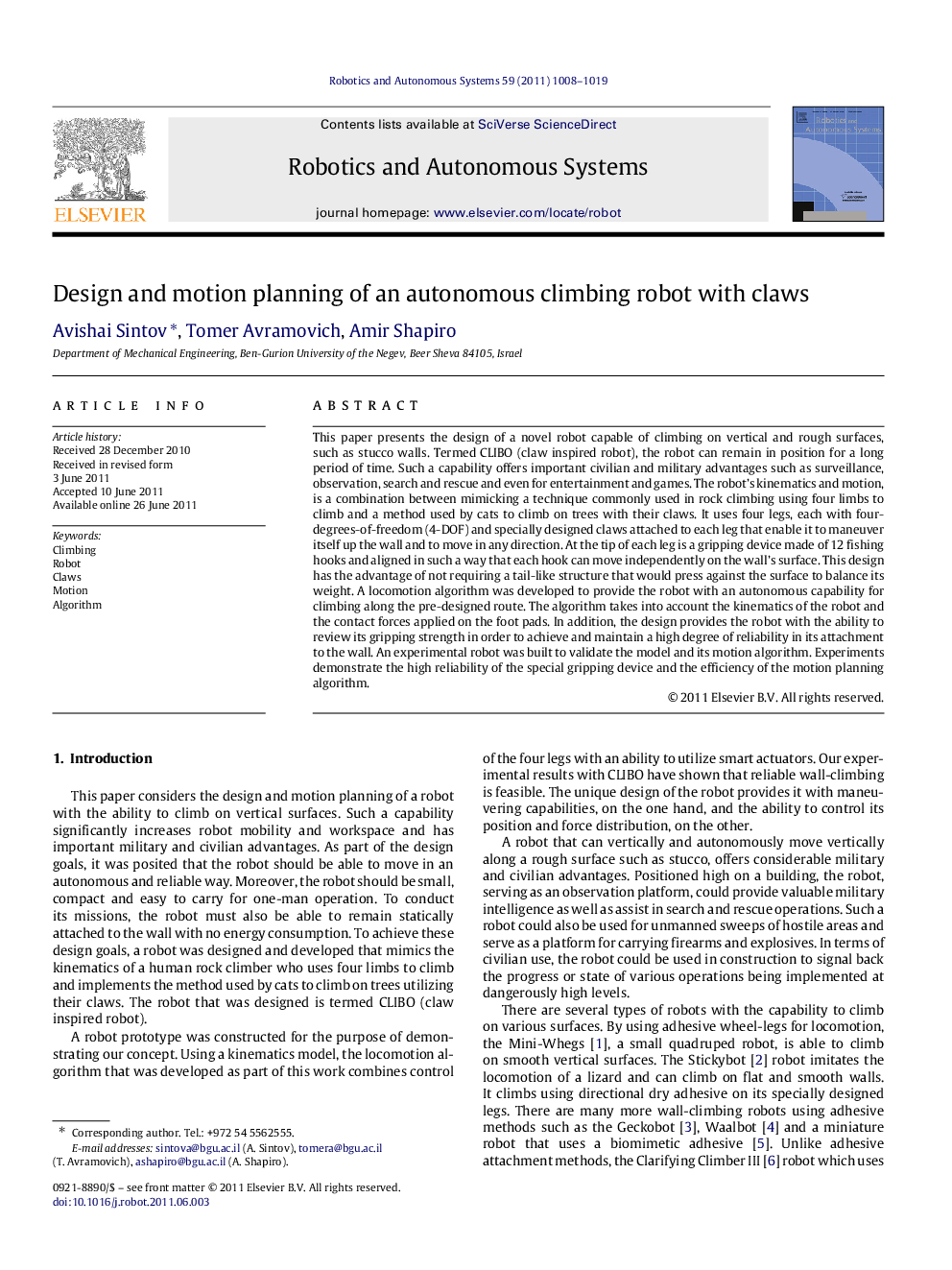 Design and motion planning of an autonomous climbing robot with claws