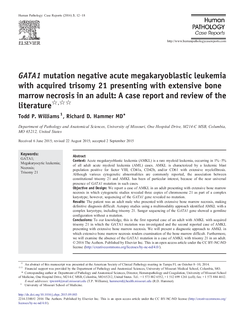 GATA1 mutation negative acute megakaryoblastic leukemia with acquired trisomy 21 presenting with extensive bone marrow necrosis in an adult: A case report and review of the literature 