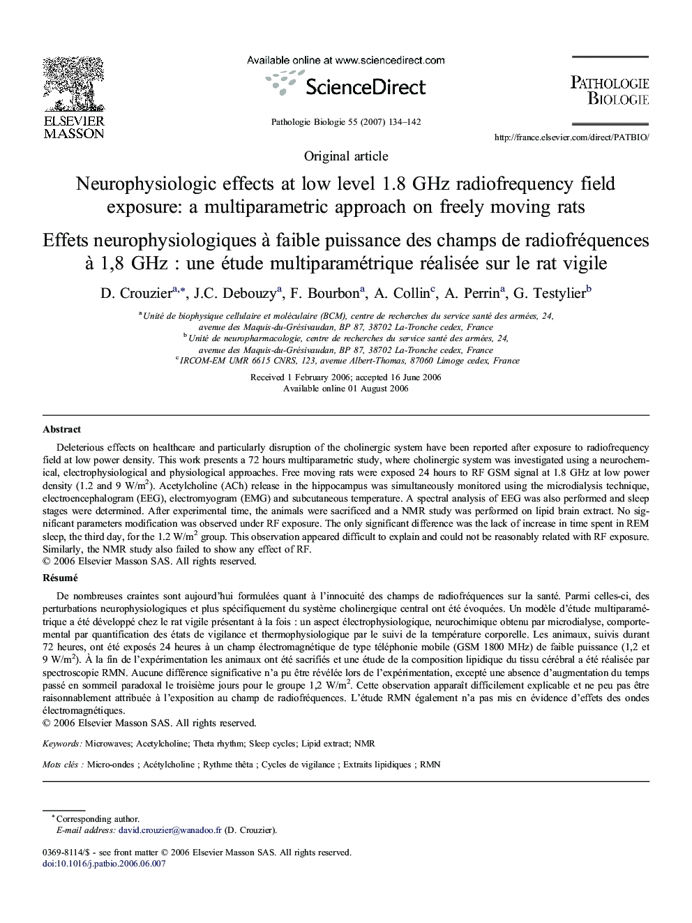 Neurophysiologic effects at low level 1.8 GHz radiofrequency field exposure: a multiparametric approach on freely moving rats