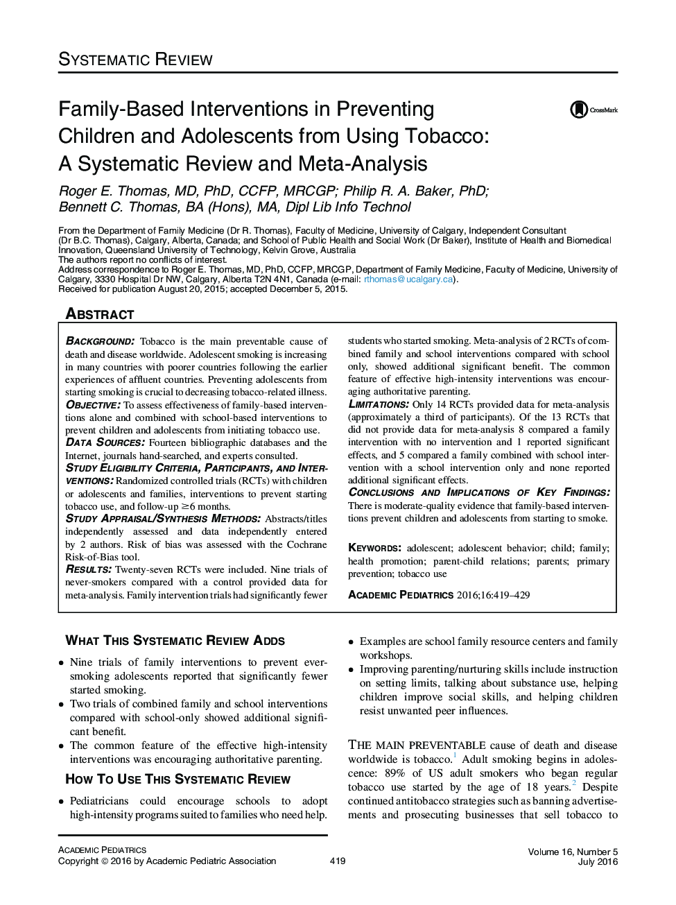 مداخلات خانوادگی در پیشگیری از کودکان و نوجوانان در استفاده از توتون و تنباکو: بررسی منظم و متاآنالیز