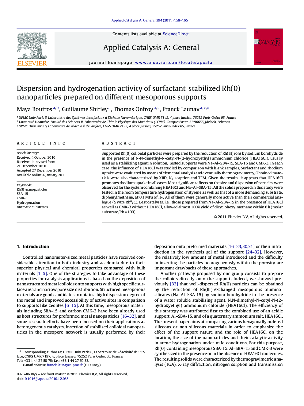 Dispersion and hydrogenation activity of surfactant-stabilized Rh(0) nanoparticles prepared on different mesoporous supports