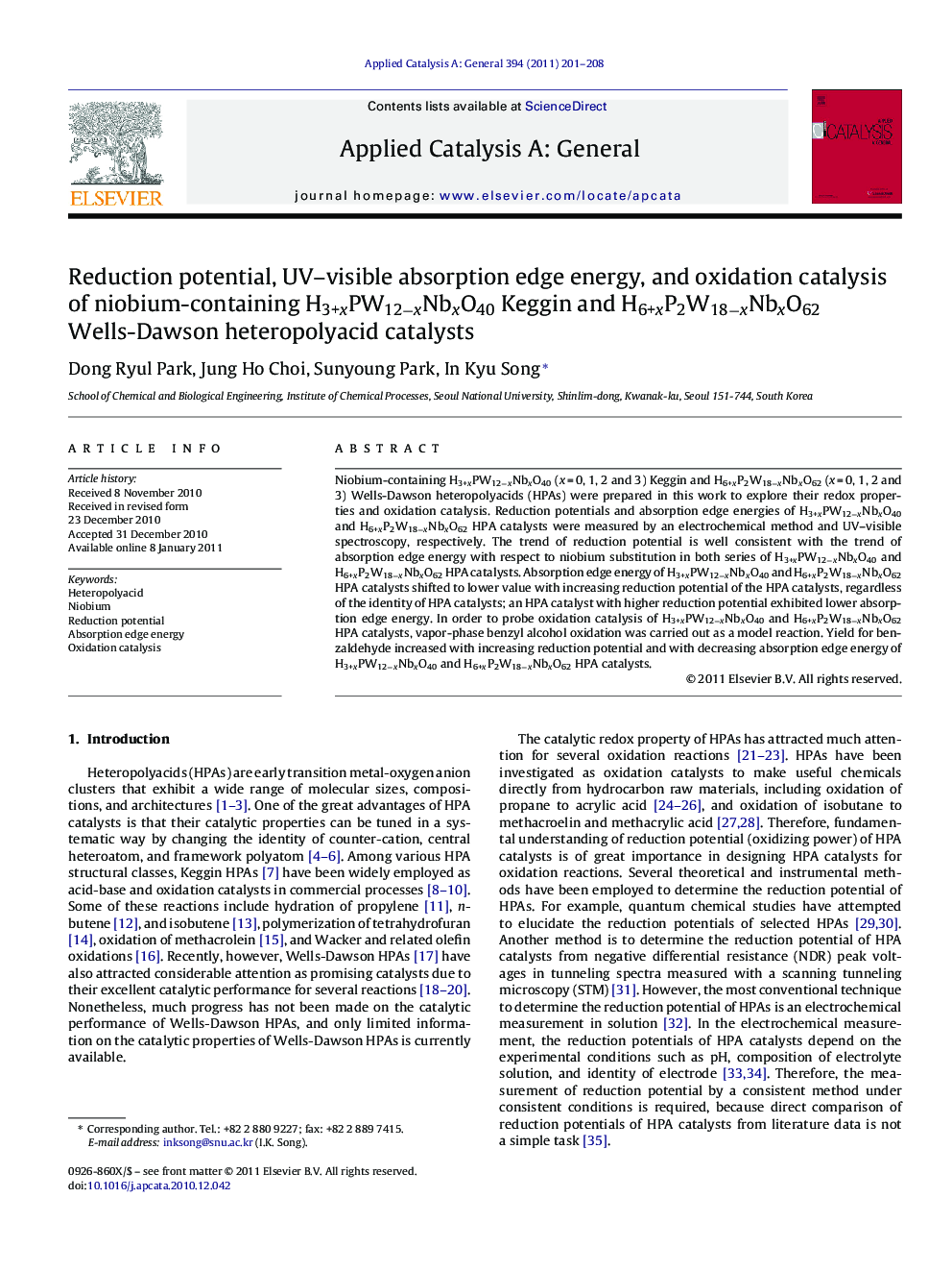 Reduction potential, UV–visible absorption edge energy, and oxidation catalysis of niobium-containing H3+xPW12−xNbxO40 Keggin and H6+xP2W18−xNbxO62 Wells-Dawson heteropolyacid catalysts