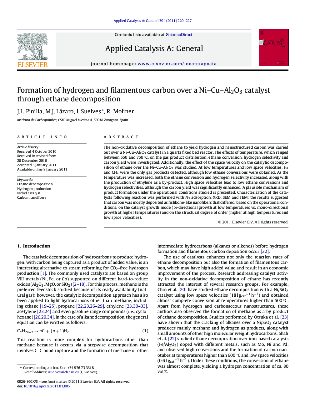 Formation of hydrogen and filamentous carbon over a Ni–Cu–Al2O3 catalyst through ethane decomposition