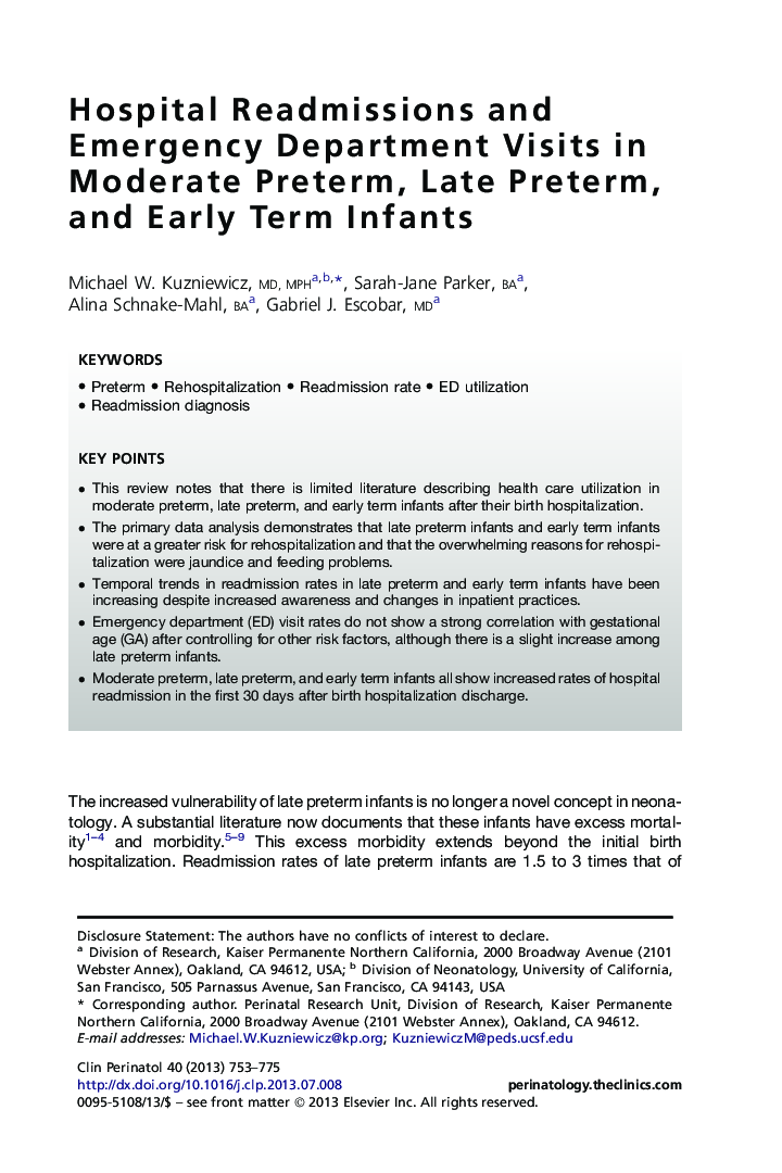 Hospital Readmissions and Emergency Department Visits in Moderate Preterm, Late Preterm, and Early Term Infants