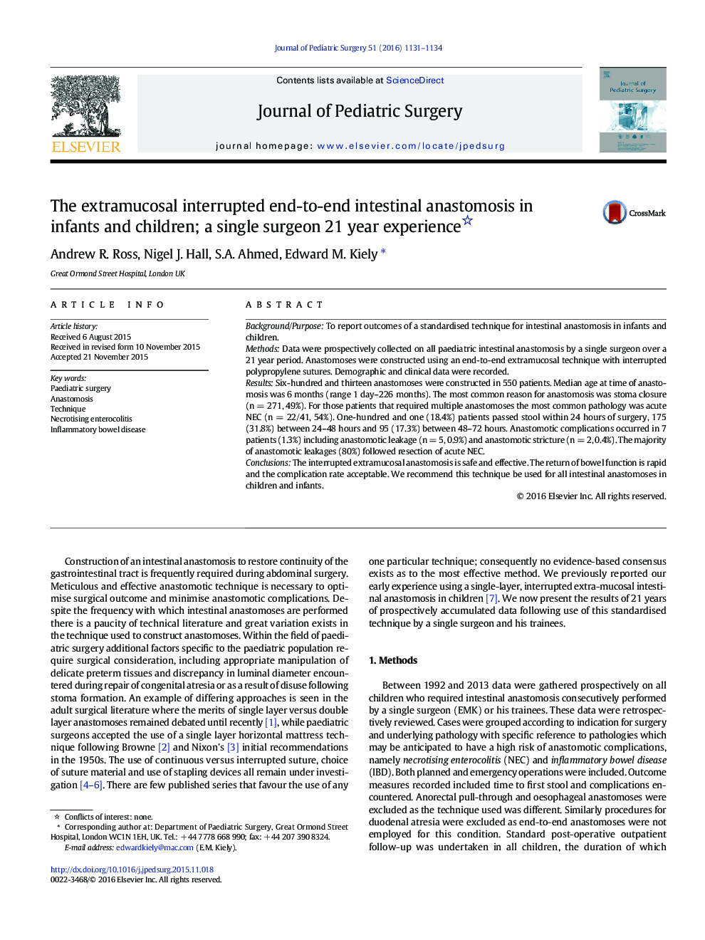 The extramucosal interrupted end-to-end intestinal anastomosis in infants and children; a single surgeon 21 year experience 