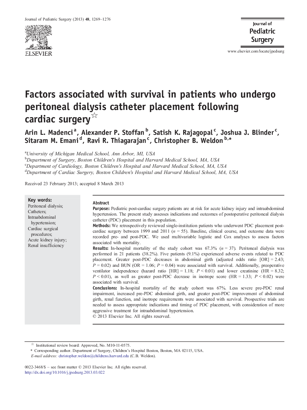 Factors associated with survival in patients who undergo peritoneal dialysis catheter placement following cardiac surgery 