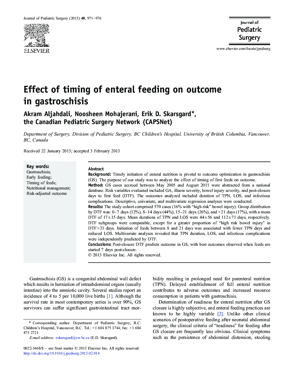 Effect of timing of enteral feeding on outcome in gastroschisis