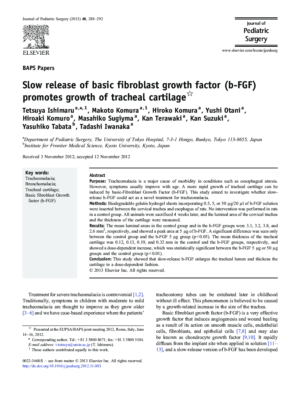 Slow release of basic fibroblast growth factor (b-FGF) promotes growth of tracheal cartilage