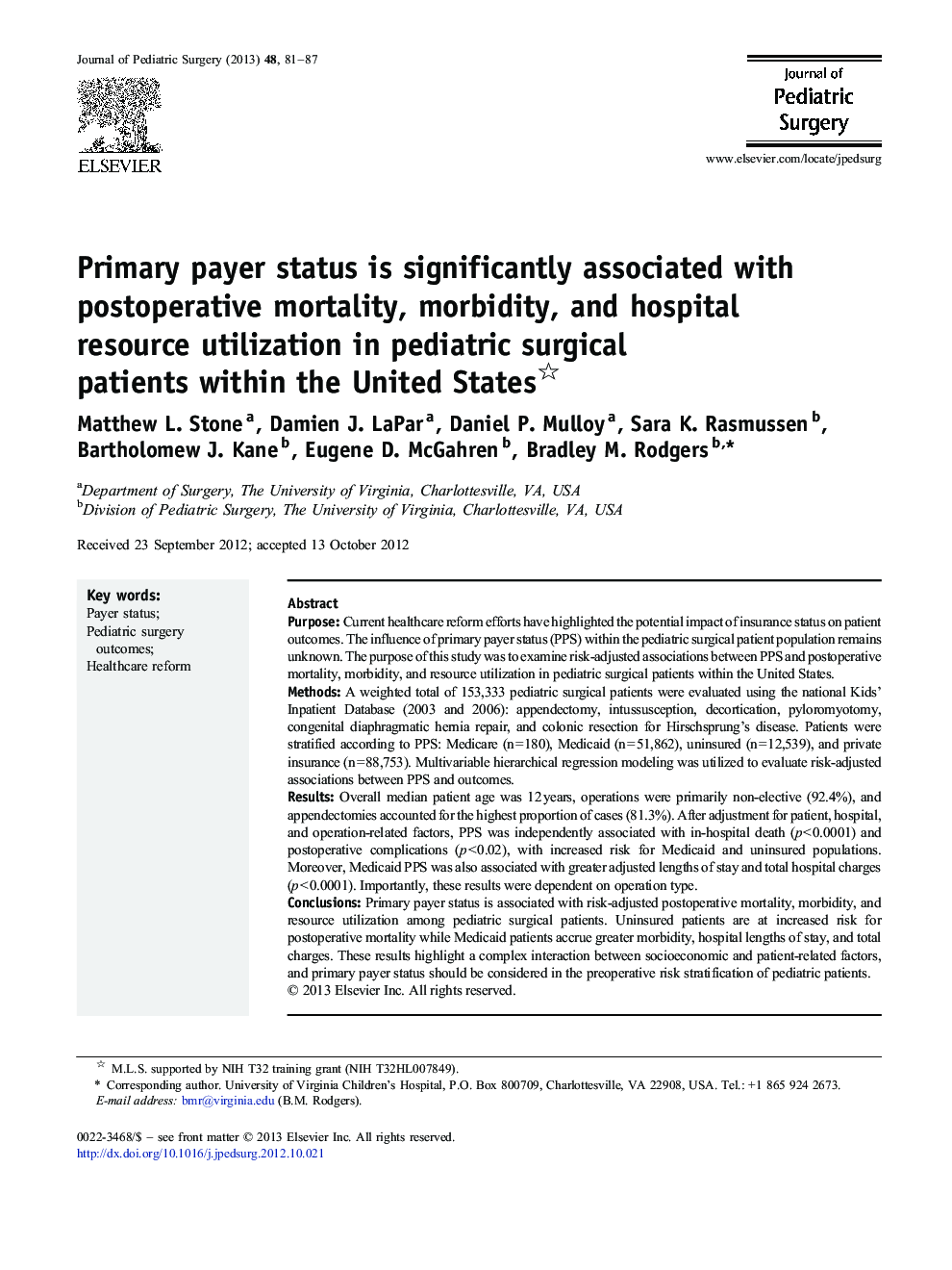 Primary payer status is significantly associated with postoperative mortality, morbidity, and hospital resource utilization in pediatric surgical patients within the United States 