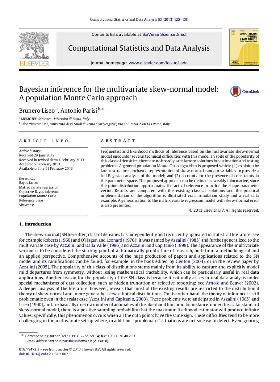 Bayesian inference for the multivariate skew-normal model: A population Monte Carlo approach