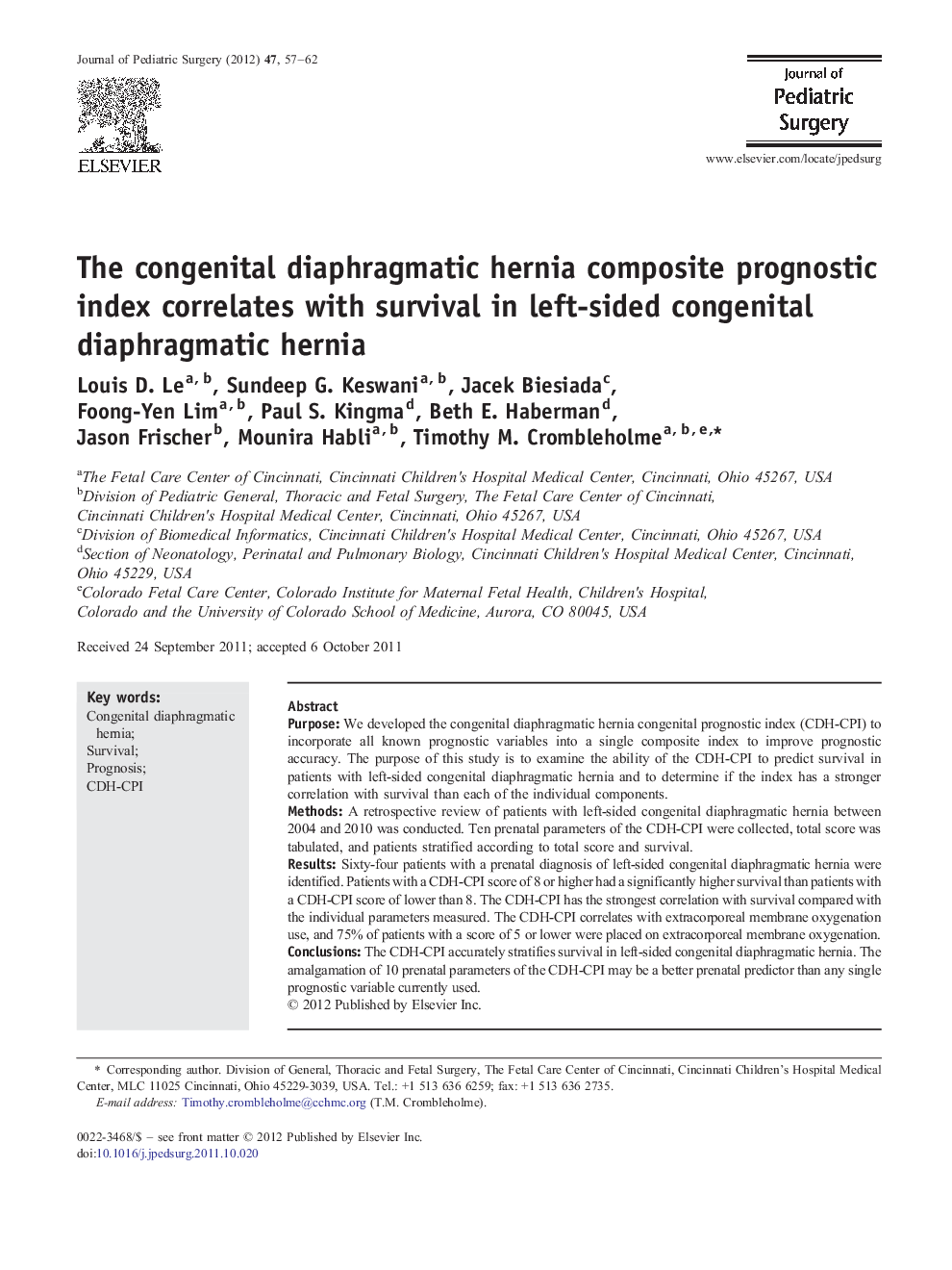 The congenital diaphragmatic hernia composite prognostic index correlates with survival in left-sided congenital diaphragmatic hernia