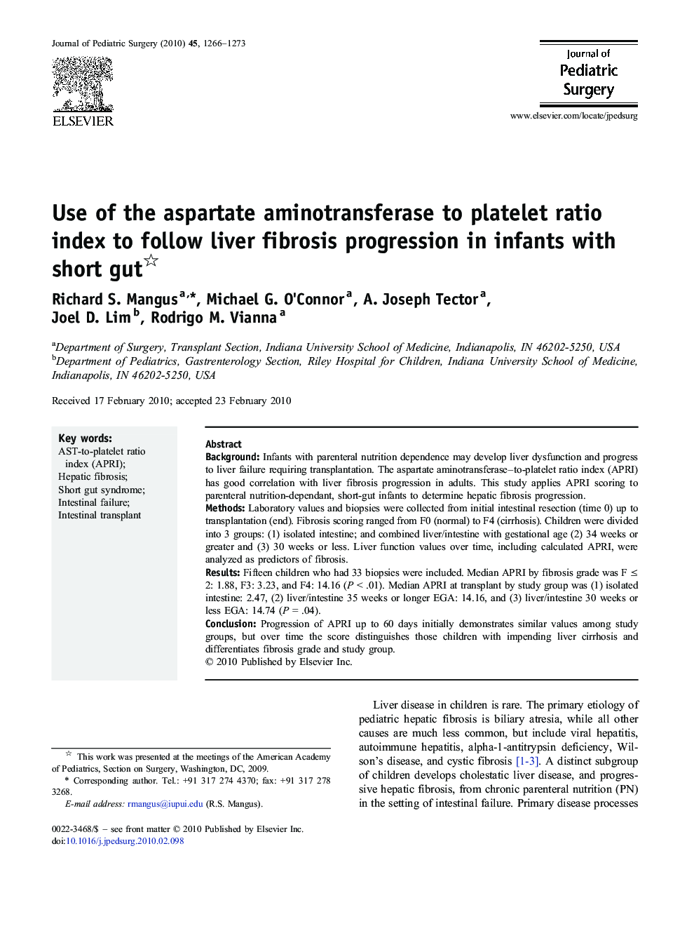 Use of the aspartate aminotransferase to platelet ratio index to follow liver fibrosis progression in infants with short gut 