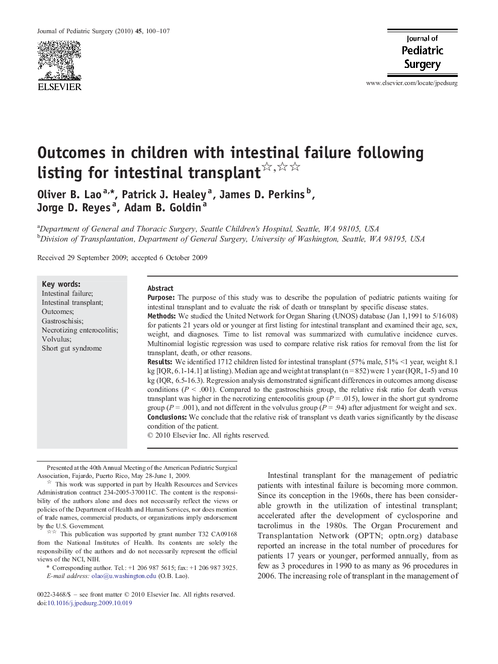 Outcomes in children with intestinal failure following listing for intestinal transplant 