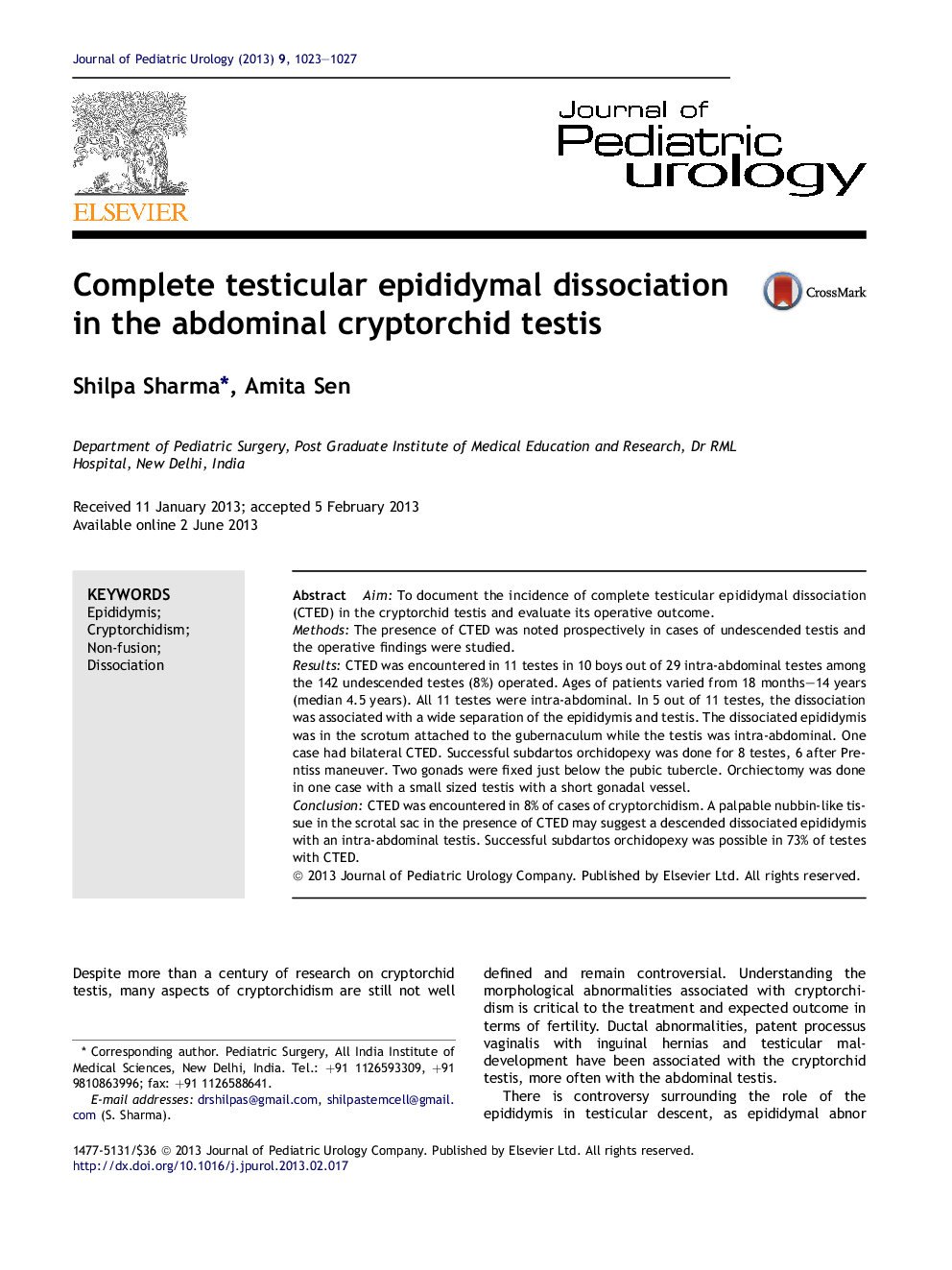 Complete testicular epididymal dissociation in the abdominal cryptorchid testis