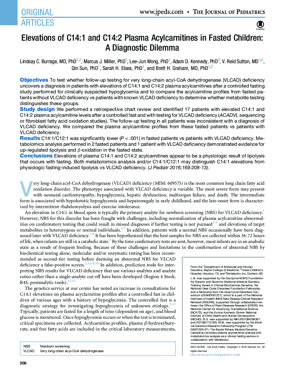 Elevations of C14:1 and C14:2 Plasma Acylcarnitines in Fasted Children: AÂ Diagnostic Dilemma