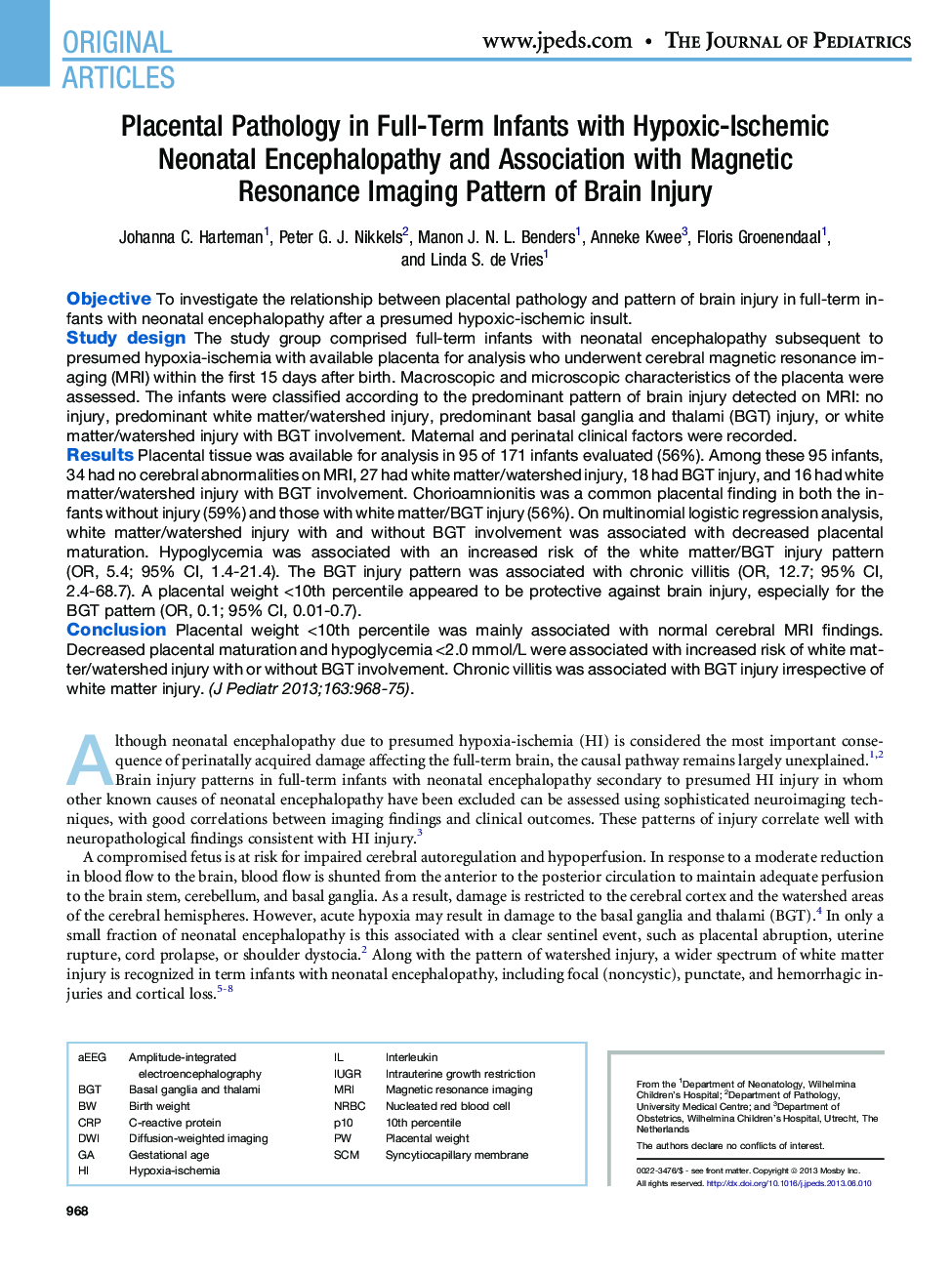 Placental Pathology in Full-Term Infants with Hypoxic-Ischemic Neonatal Encephalopathy and Association with Magnetic Resonance Imaging Pattern of Brain Injury