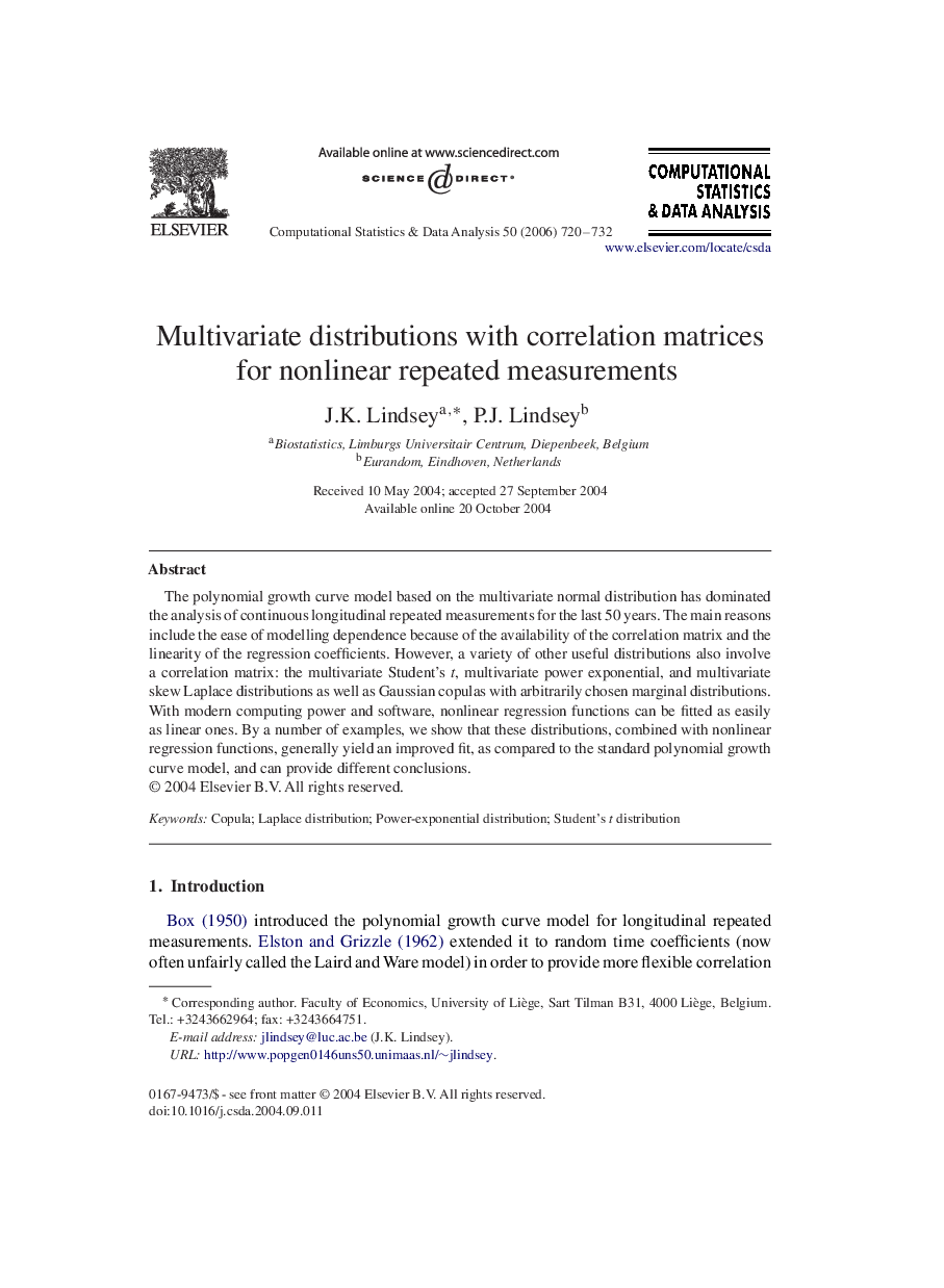 Multivariate distributions with correlation matrices for nonlinear repeated measurements