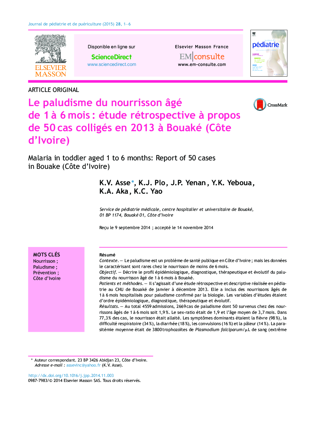 Le paludisme du nourrisson âgé de 1 à 6 mois : étude rétrospective à propos de 50 cas colligés en 2013 à Bouaké (Côte d’Ivoire)