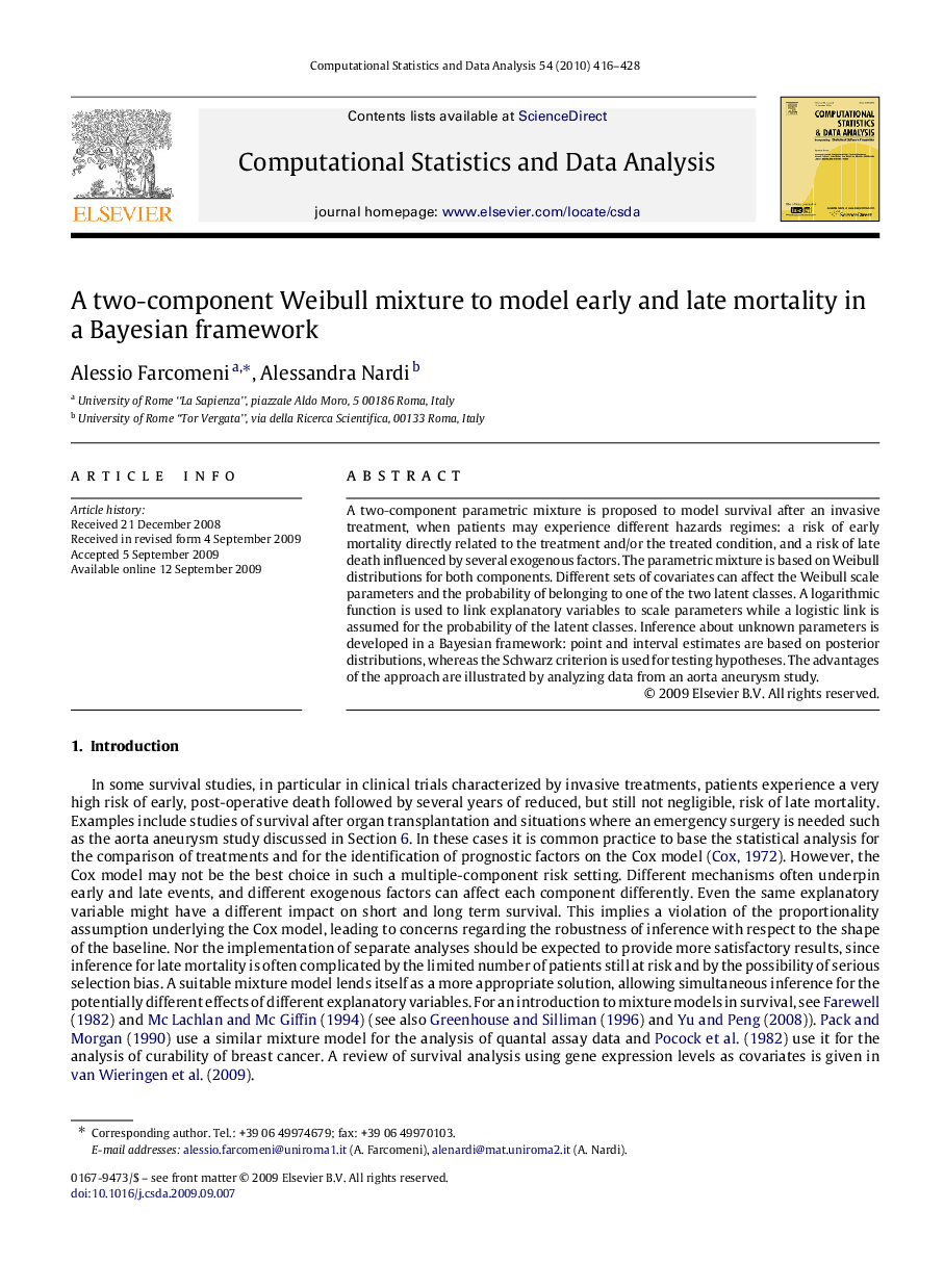 A two-component Weibull mixture to model early and late mortality in a Bayesian framework