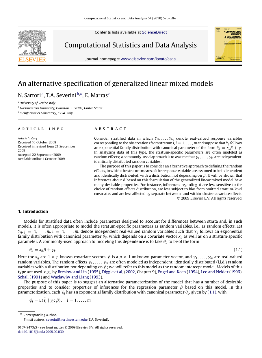 An alternative specification of generalized linear mixed models