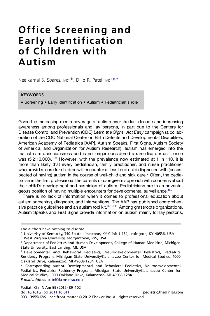 Office Screening and Early Identification of Children with Autism