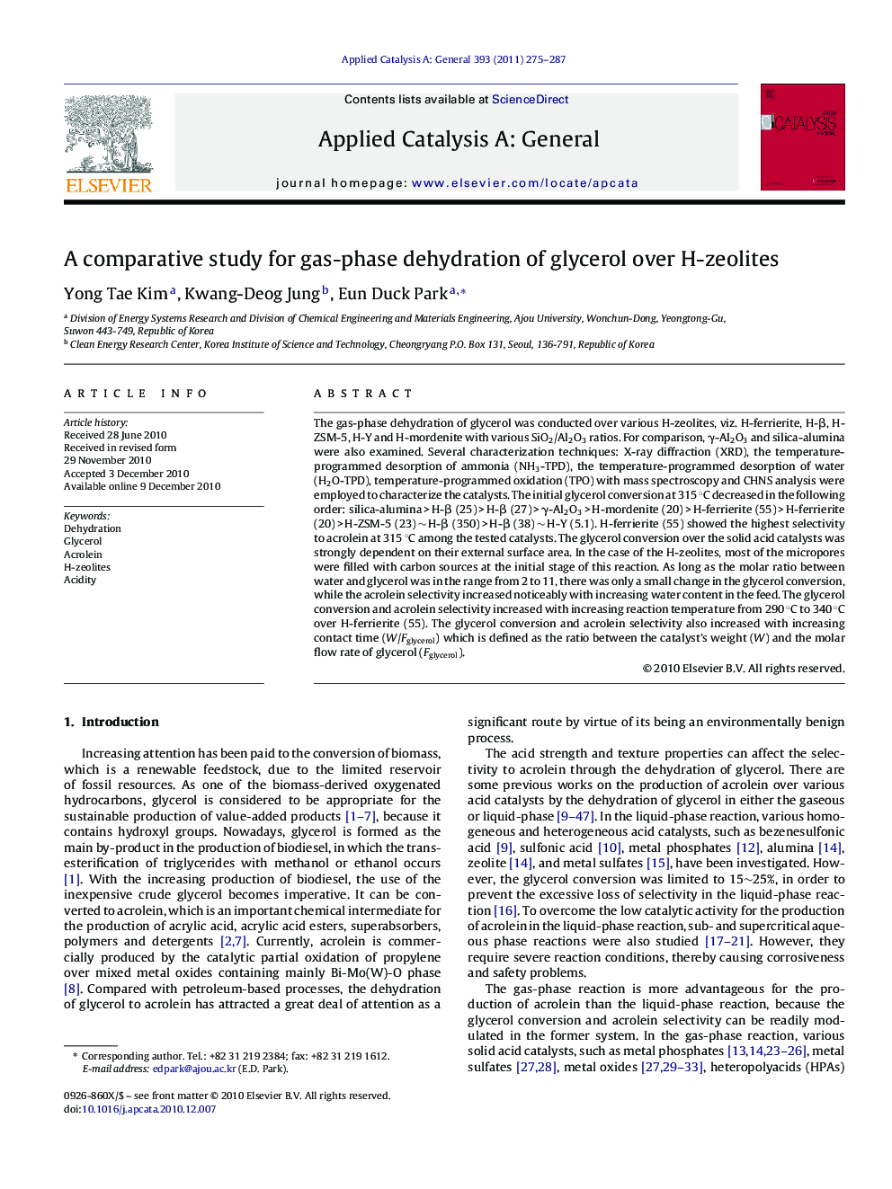 A comparative study for gas-phase dehydration of glycerol over H-zeolites