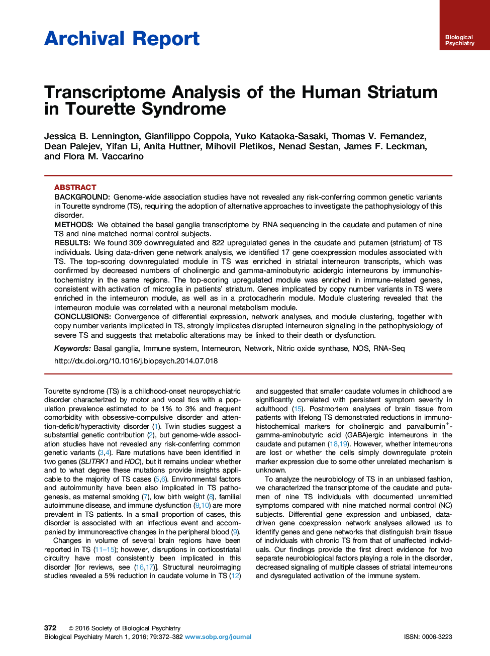 Transcriptome Analysis of the Human Striatum in Tourette Syndrome