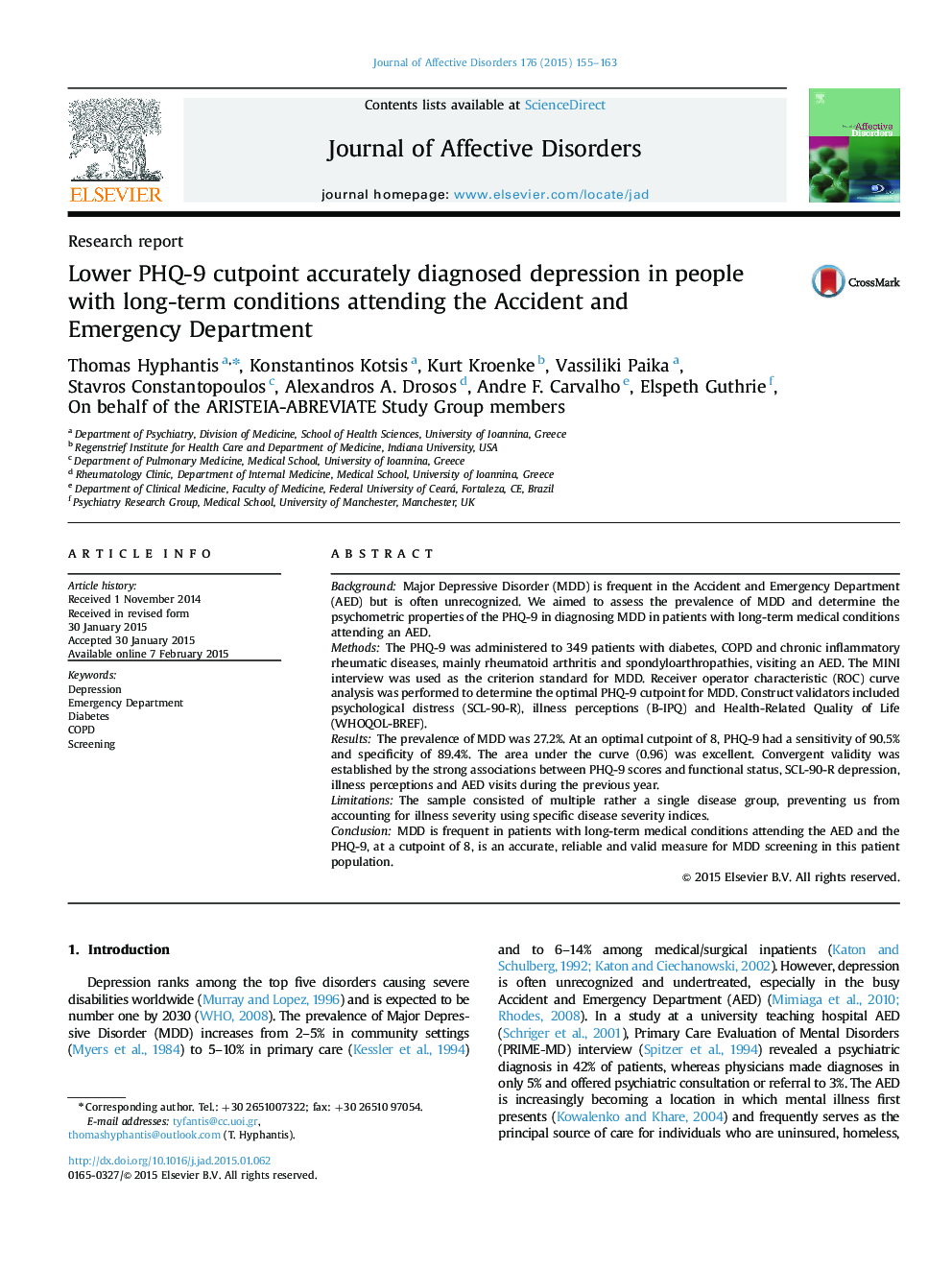 Lower PHQ-9 cutpoint accurately diagnosed depression in people with long-term conditions attending the Accident and Emergency Department