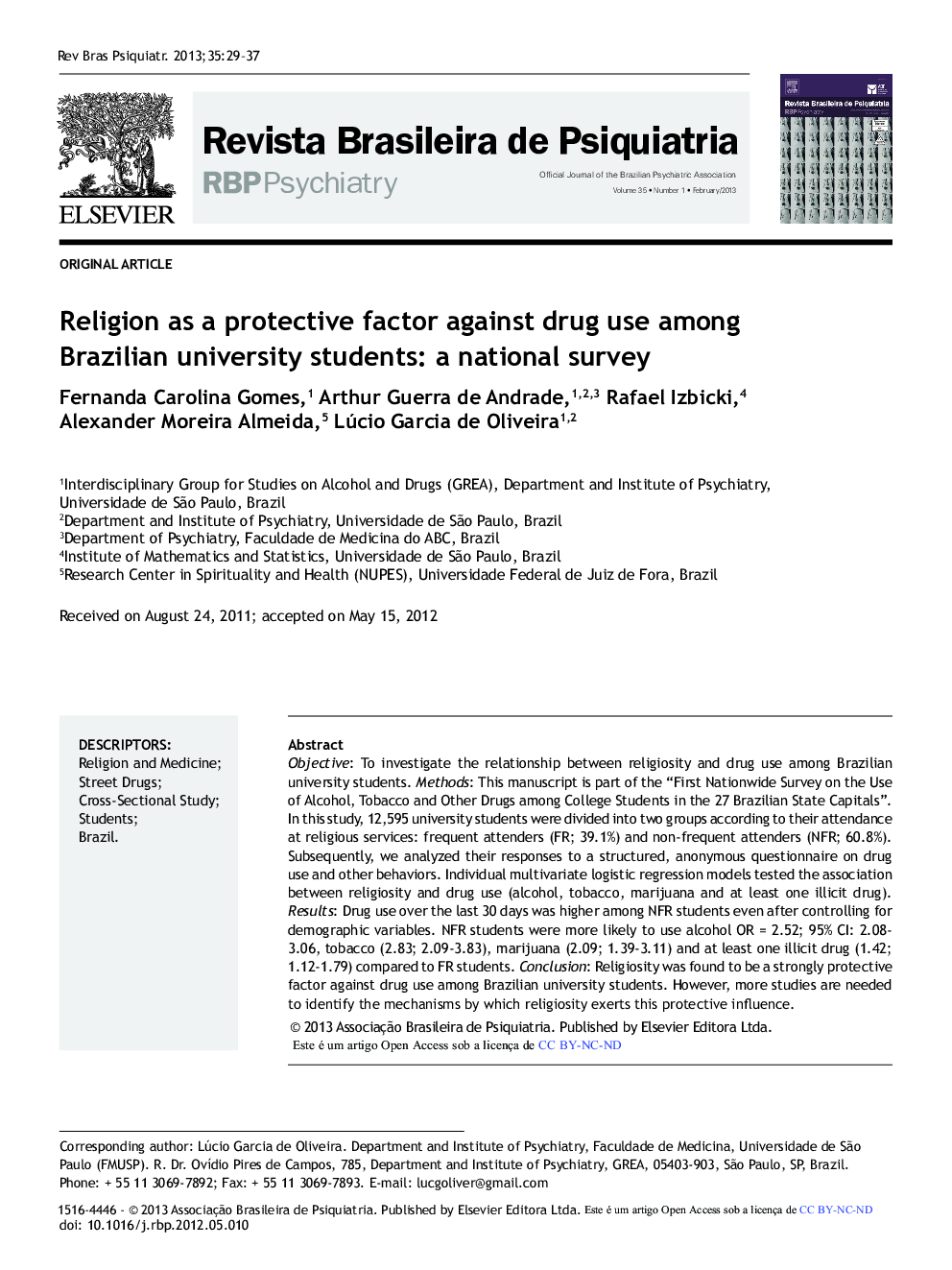 Religion as a Protective Factor against Drug Use among Brazilian University Students: A National Survey