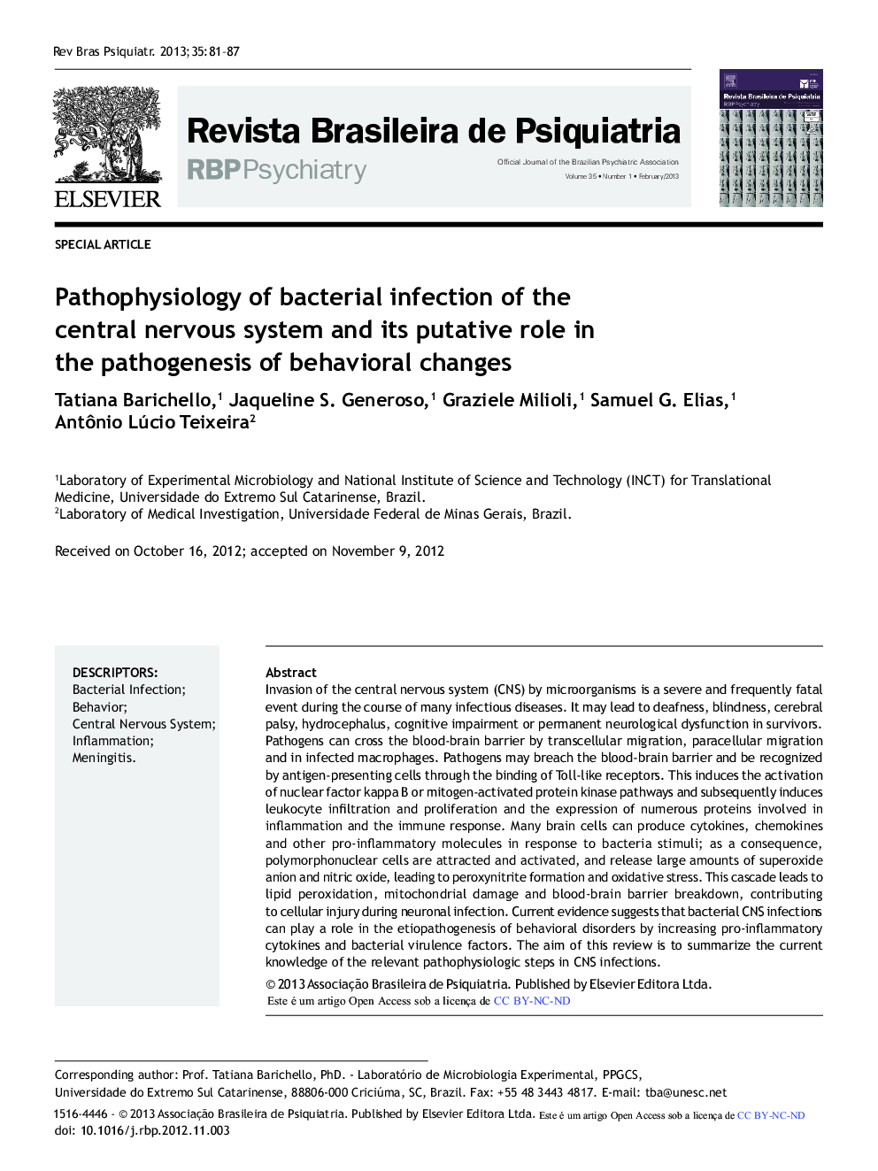Pathophysiology of Bacterial Infection of the Central Nervous System and its Putative Role in the Pathogenesis of Behavioral Changes