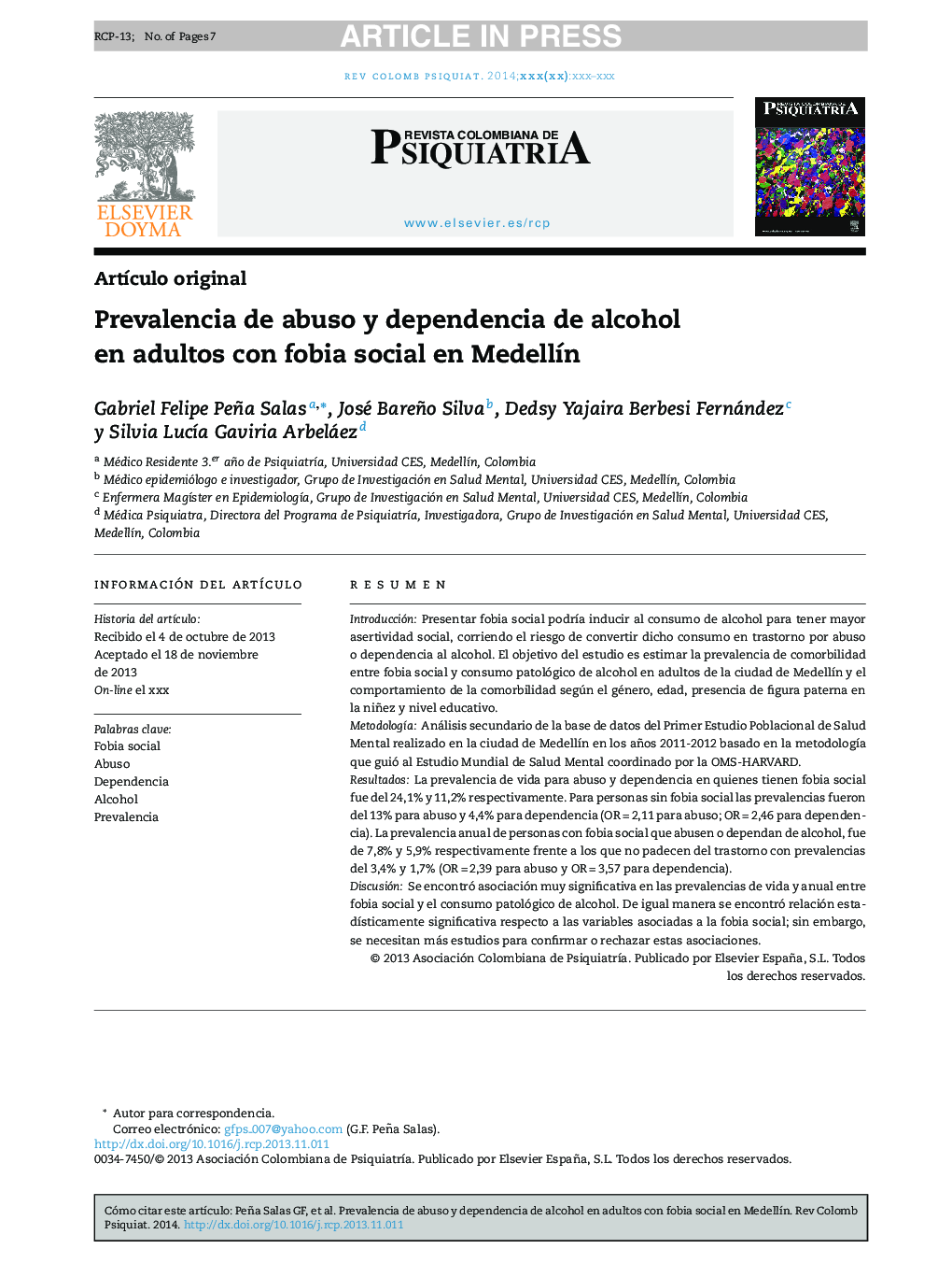 Prevalencia de abuso y dependencia de alcohol en adultos con fobia social en MedellÃ­n