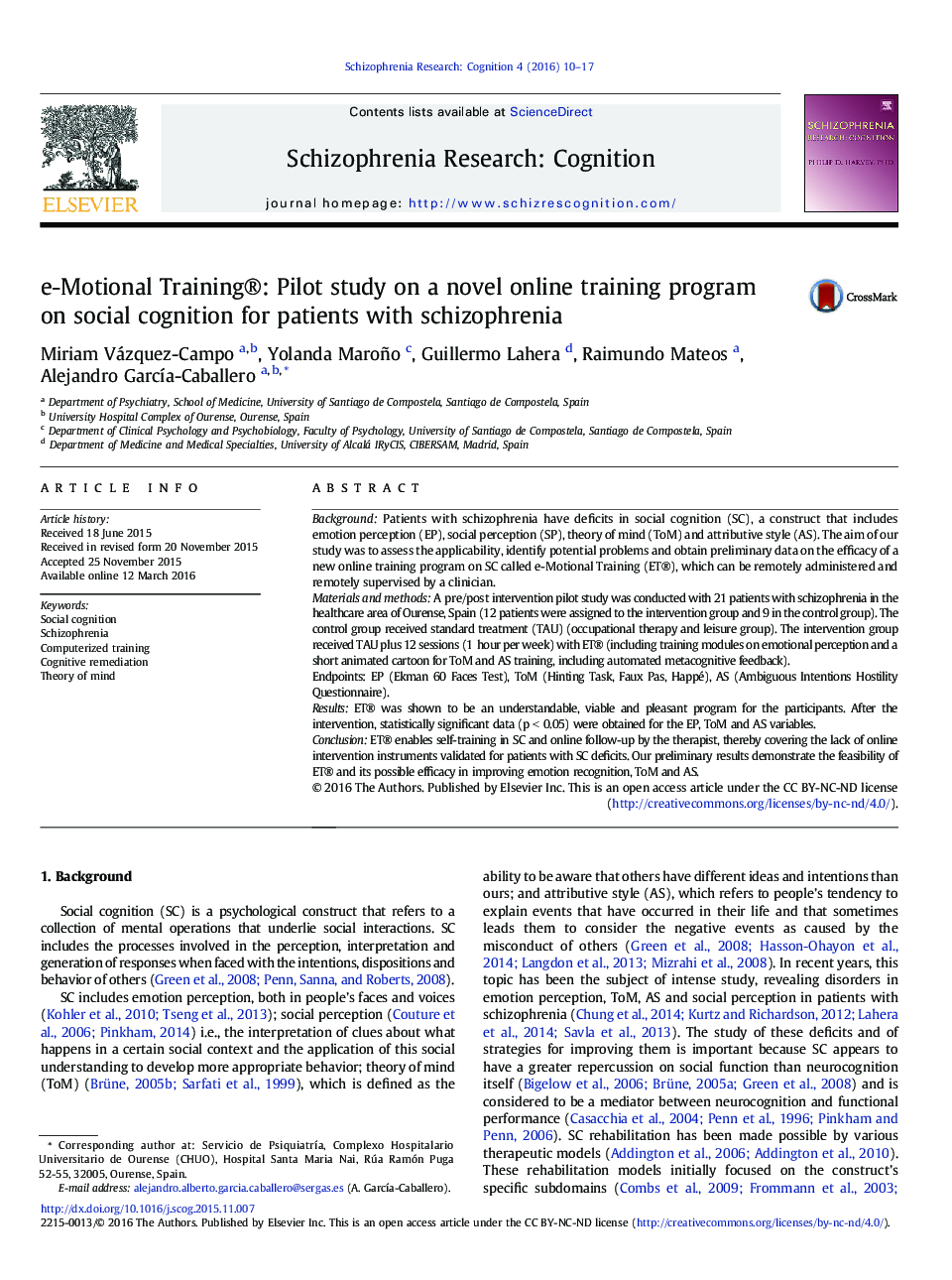 e-Motional Training®: Pilot study on a novel online training program on social cognition for patients with schizophrenia