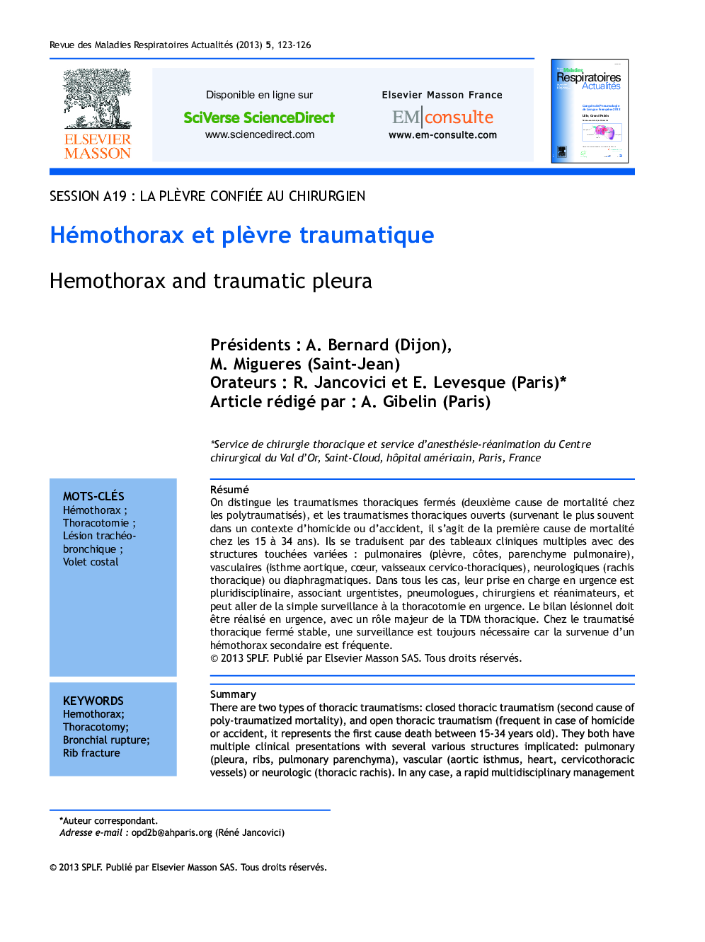 Hémothorax et plÃ¨vre traumatique