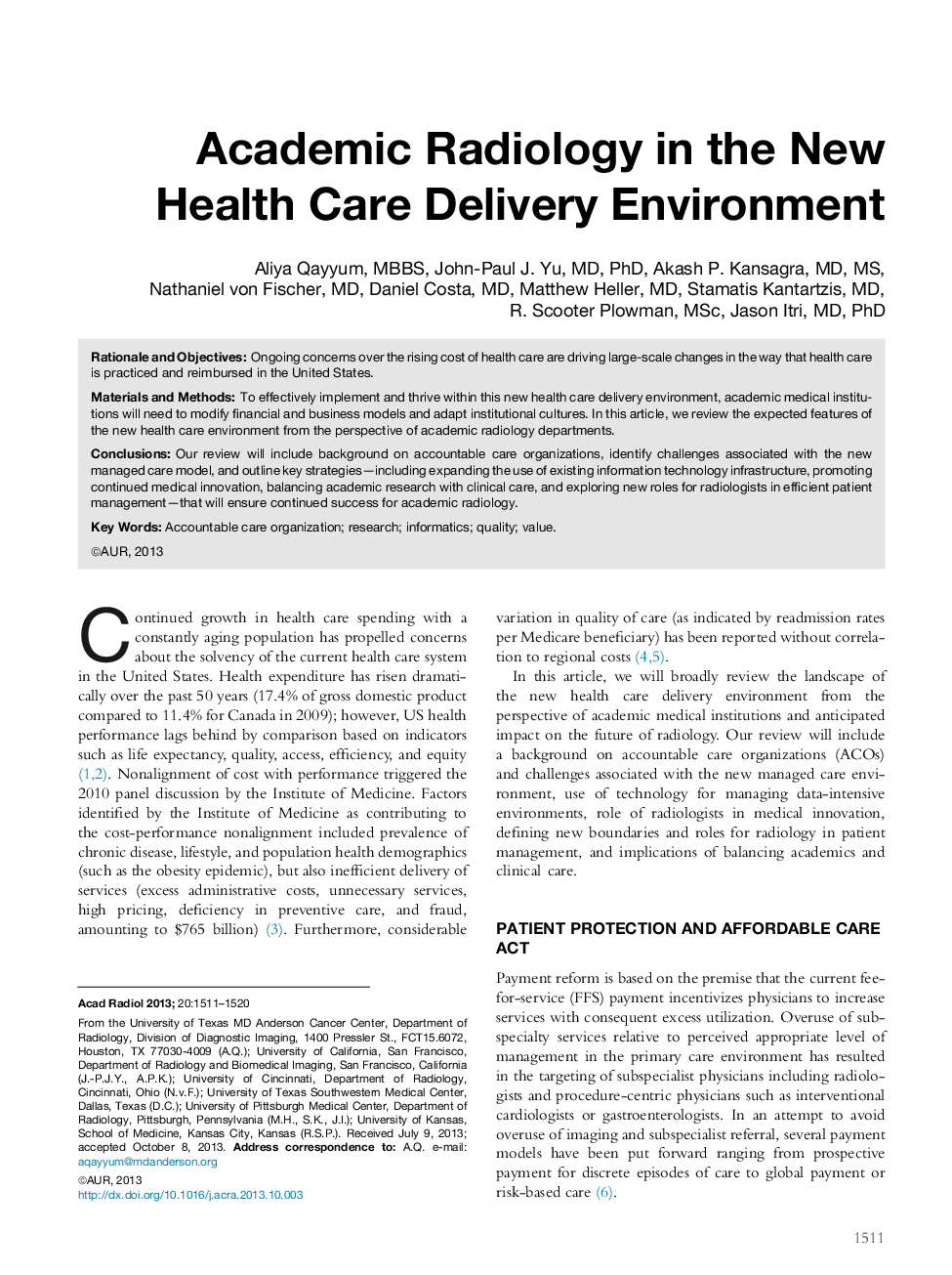 Academic Radiology in the New Health Care Delivery Environment