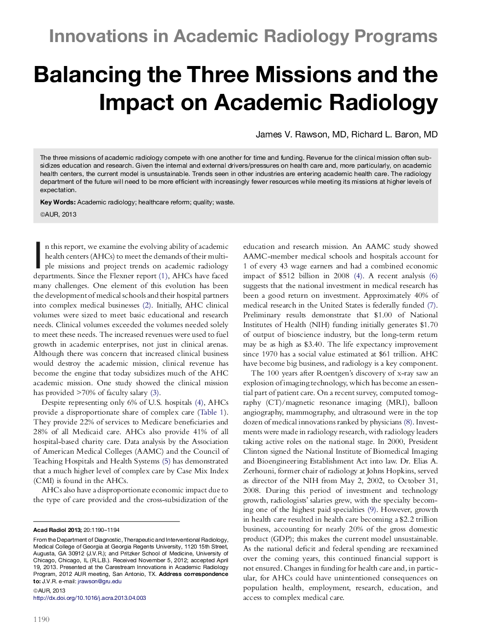 Balancing the Three Missions and the Impact on Academic Radiology