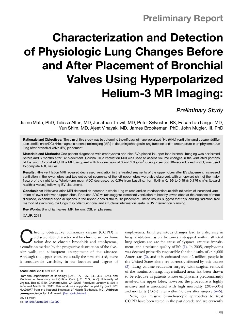 Characterization and Detection of Physiologic Lung Changes Before and After Placement of Bronchial Valves Using Hyperpolarized Helium-3 MR Imaging
