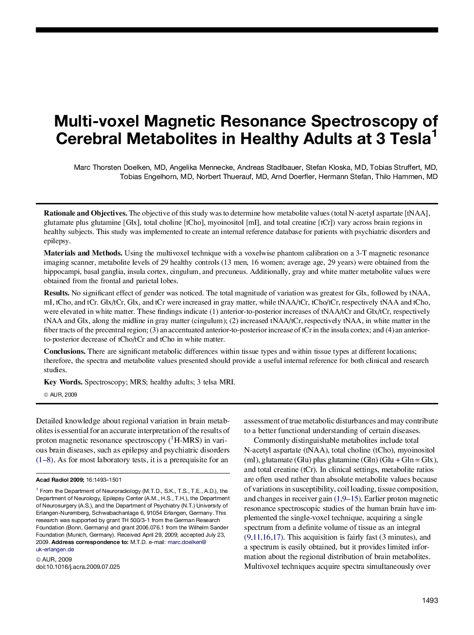 Multi-voxel Magnetic Resonance Spectroscopy of Cerebral Metabolites in Healthy Adults at 3 Tesla