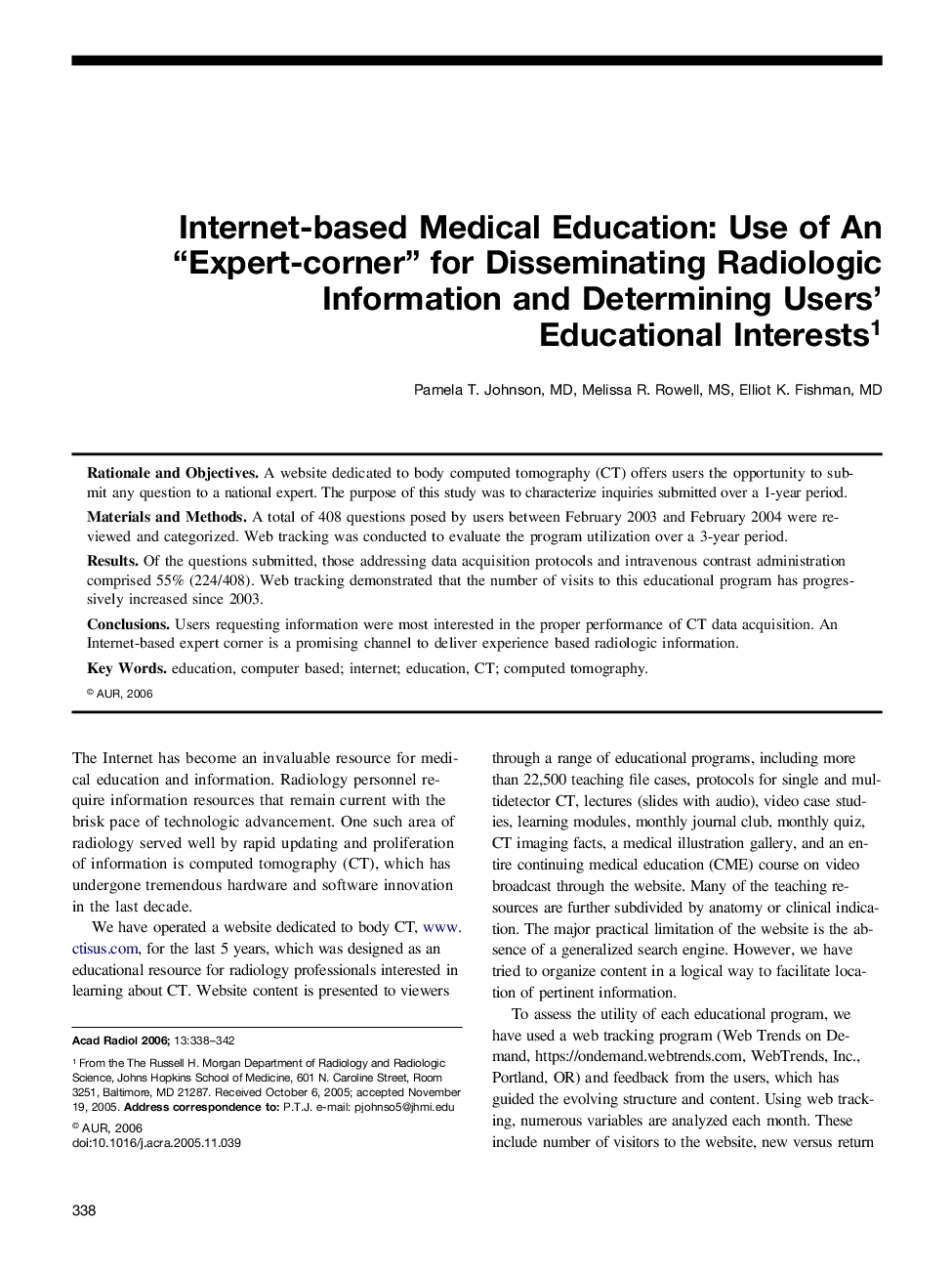 Internet-based Medical Education: Use of An “Expert-corner” for Disseminating Radiologic Information and Determining Users' Educational Interests