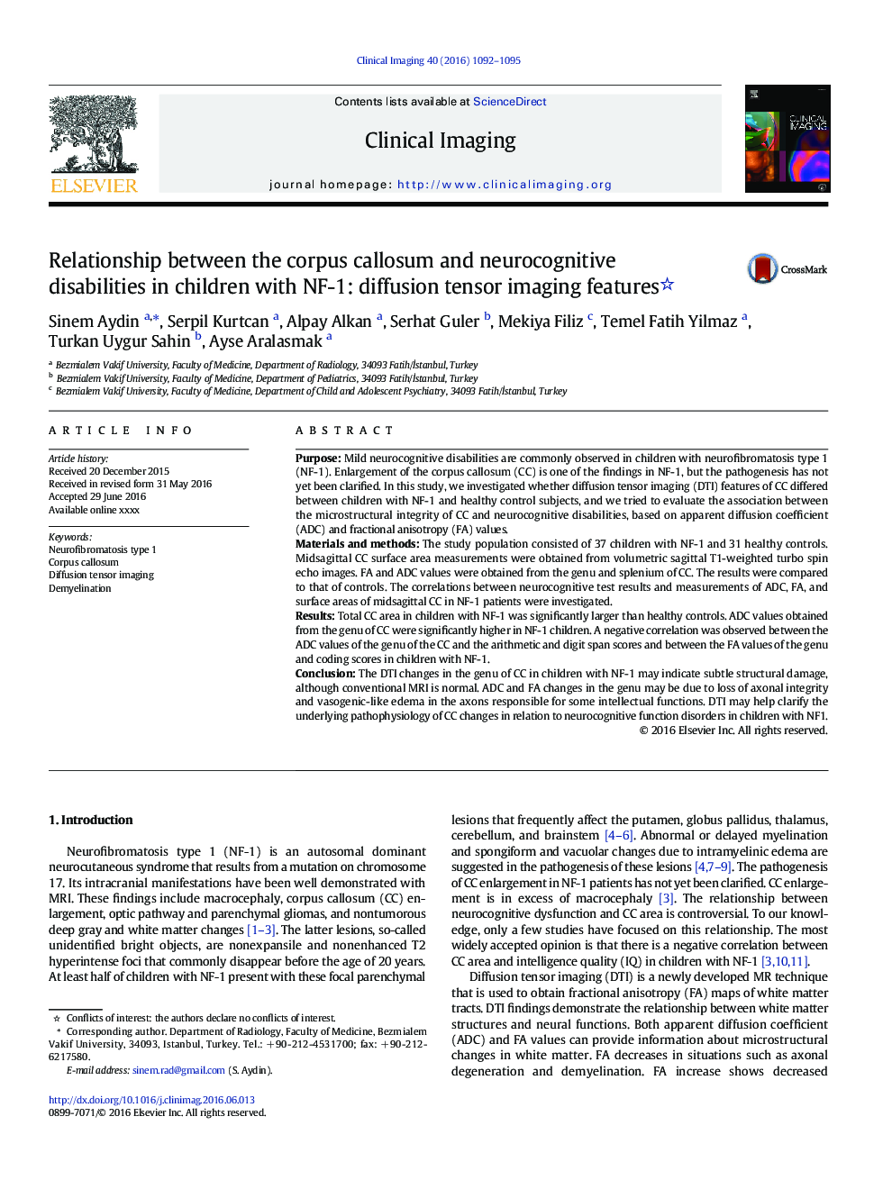 ارتباط بین کولوزوم جسم و ناتوانی های عصبی در کودکان مبتلا به NF-1: ویژگی های تصویربرداری تانسور انتشار