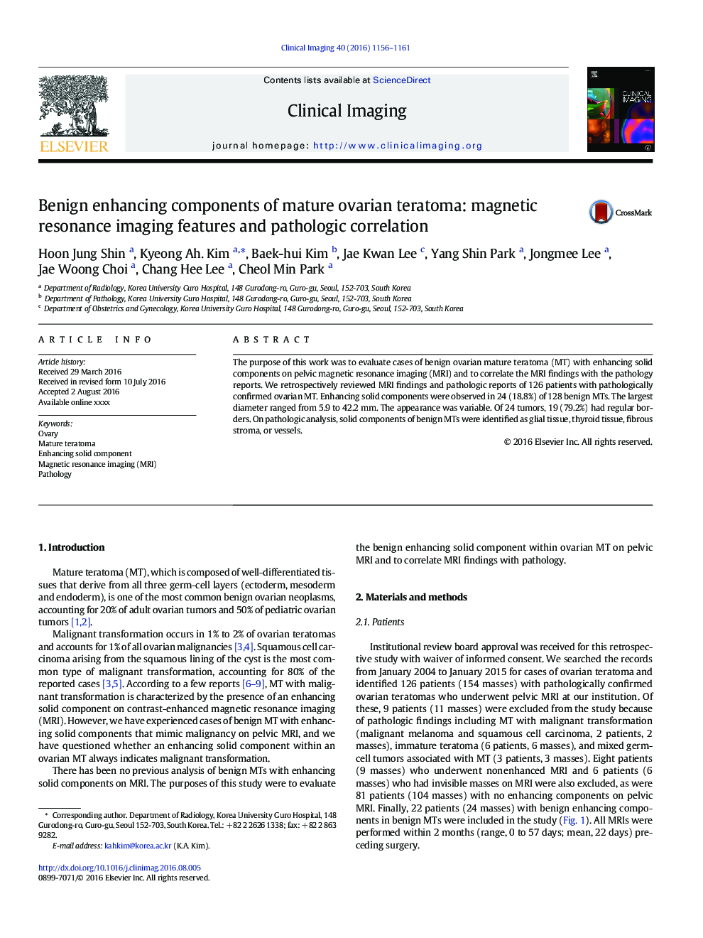 مزایای بهبودی تراتوم تخمدان بالغ: ویژگی های تصویربرداری رزونانس مغناطیسی و همبستگی پاتولوژیک 