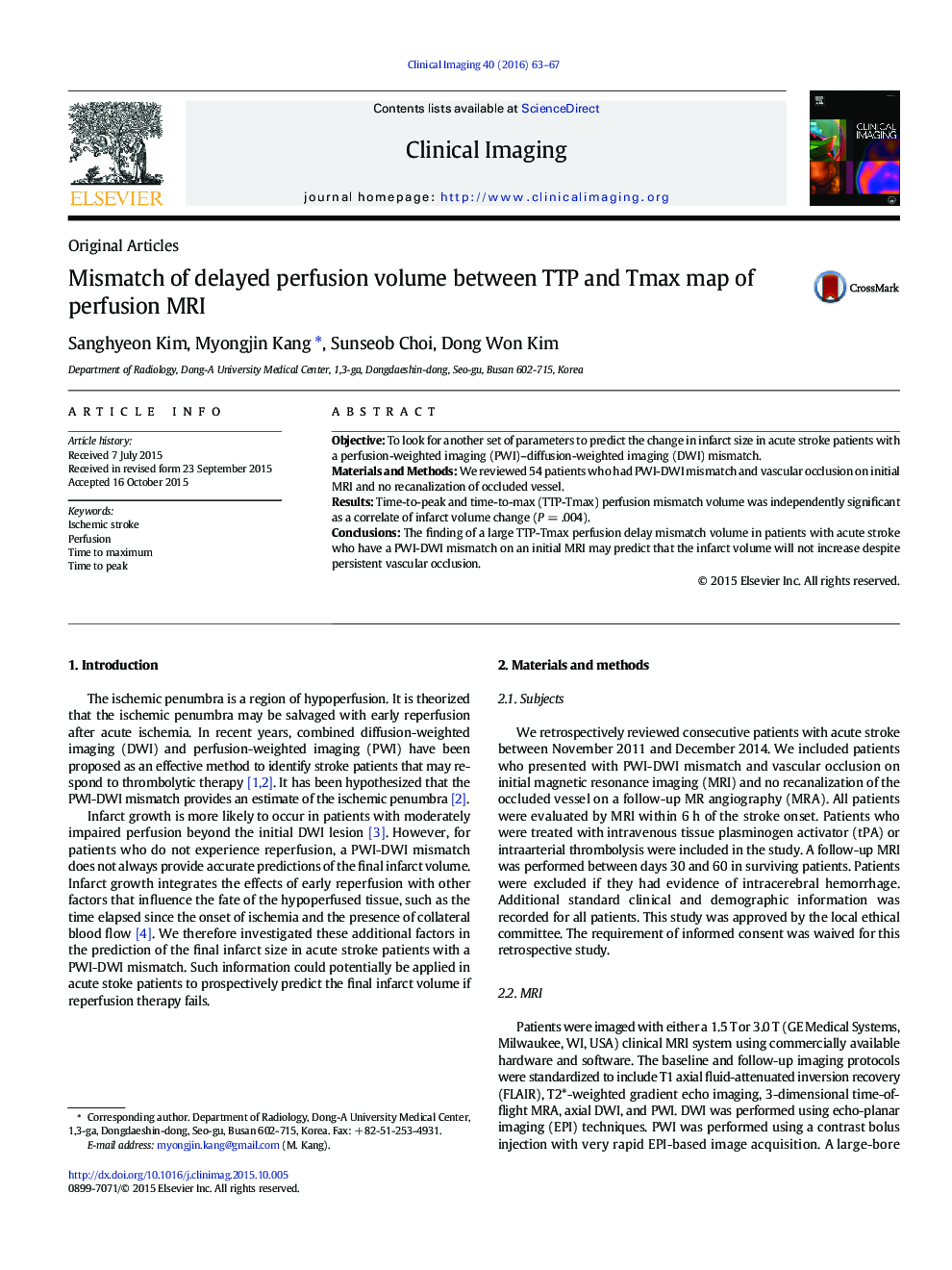 Mismatch of delayed perfusion volume between TTP and Tmax map of perfusion MRI