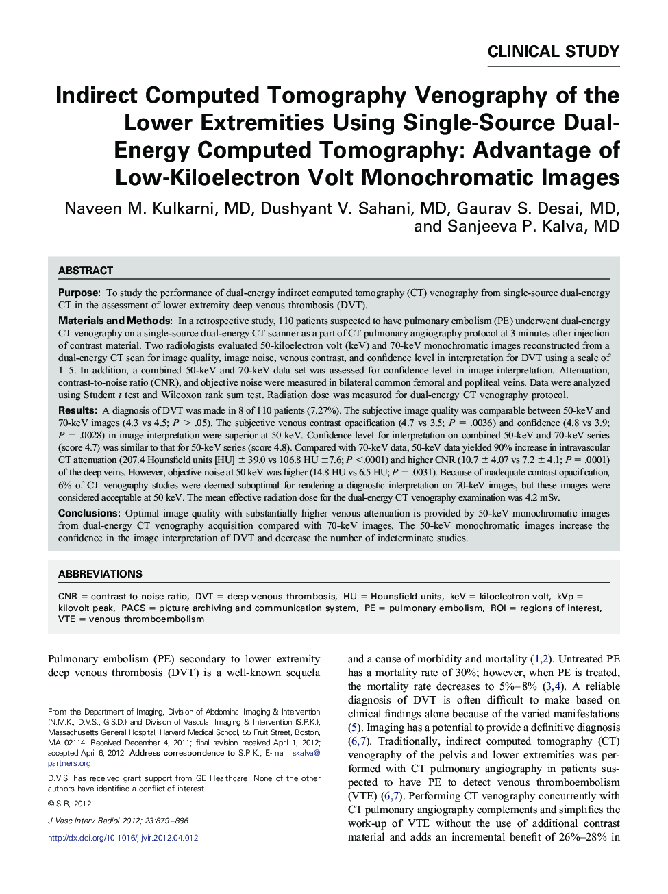 Indirect Computed Tomography Venography of the Lower Extremities Using Single-Source Dual-Energy Computed Tomography: Advantage of Low-Kiloelectron Volt Monochromatic Images