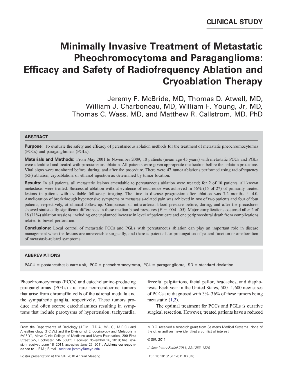 Minimally Invasive Treatment of Metastatic Pheochromocytoma and Paraganglioma: Efficacy and Safety of Radiofrequency Ablation and Cryoablation Therapy