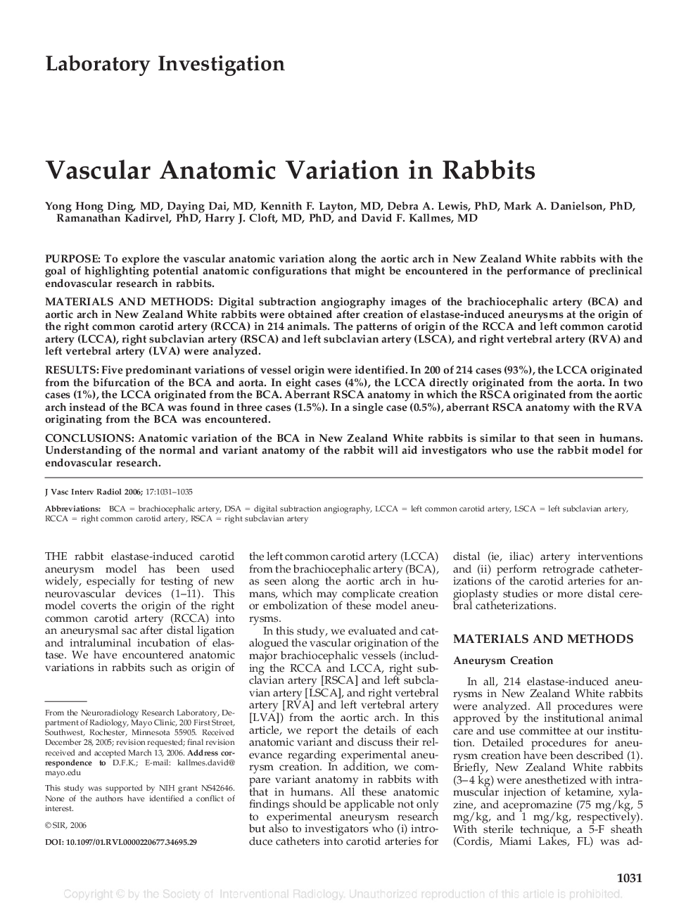 Vascular Anatomic Variation in Rabbits